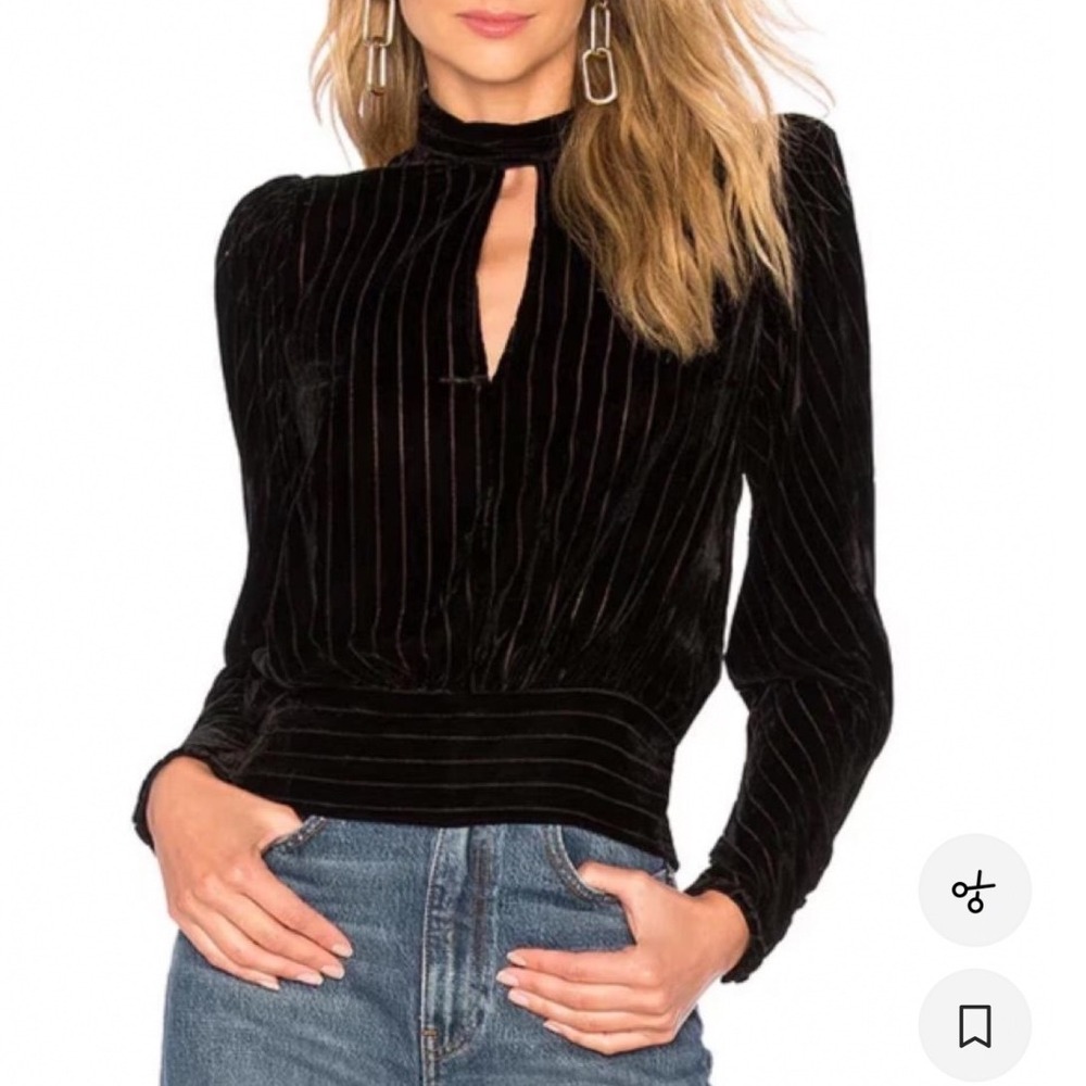 FRAME Black Crocodile Embossed Velvet Mock Neck Keyhole Blouse XS